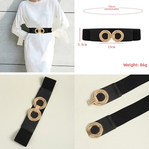 Detailed views of women's black elastic waist belt with gold double-ring interlocking buckle