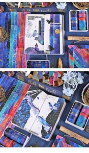 Detailed view of starry sky washi tape and stickers with celestial butterfly patterns