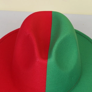 Detail of red and green gradient wool felt fedora with high-quality seam texture