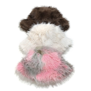 Fuzzy faux fur bucket hats for women in brown, cream, and mixed pink grey colors
