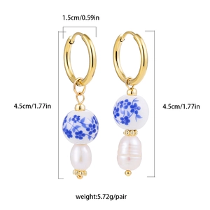 Blue and white porcelain heart earrings with pearls and golden hoops for women