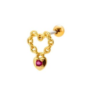 Gold heart stud earring with hollow chain frame and ruby pendant on white background