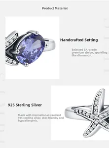 Macro view of S925 sterling silver starfish ring with purple zircon and white stones