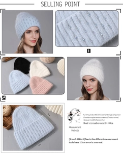 Detail showing 100% raccoon fur knit beanie with sequins and sizing measurements