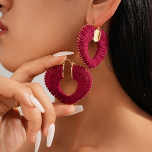 Heart Shaped Hoop Earrings Yarn Wrapped Woven Alloy With Gold Beads Retro Bohemian Fashion Jewelry For Women