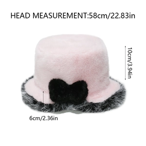 Pink plush bucket hat dimensions showing head circumference, hat height and brim width