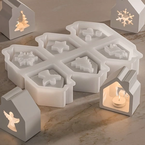 Moule en silicone pour 6 maisons lumineuses avec découpes flocon et étoile pour plâtre