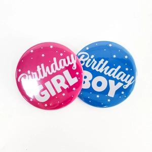 Tinplate Birthday Boy and Girl badges in blue and pink for gender reveal party decor