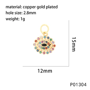 Detailed specs of Evil Eye gold pendant with zircon inlays and 15x12mm measurements