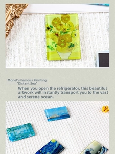 Artistic acrylic fridge magnets featuring Van Gogh and Monet paintings on knit background