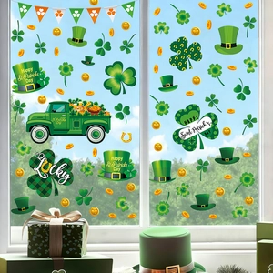 St. Patrick's Day window decals set featuring clovers, gold coins, and lucky hats