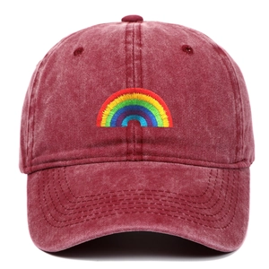 Vintage washed burgundy cotton baseball cap with colorful rainbow embroidery on front