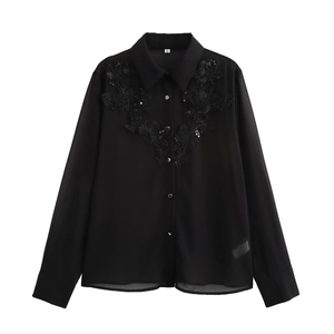 Women Black Chiffon Blouse Long Sleeve Sheer Mesh Shirt Embroidered Floral Sequined Beaded Lapel Loose Fit Elegant