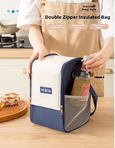 Detail of insulated lunch bag with shoulder strap, double zipper and mesh pocket
