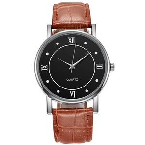 Macro view of brown alligator leather strap and silver quartz watch case with Roman numerals