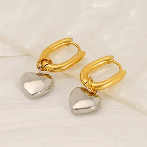 Heart Pendant Hoop Earrings 18K Gold Plated Stainless Steel Mixed Metal Tone For Women Elegant Fashion Jewelry Accessory