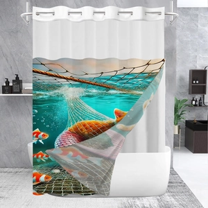 Waterproof waffle print shower curtain with surreal underwater cat and fish illustration