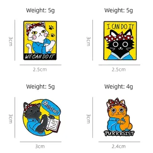 Set of four Japanese cat enamel pins with motivational We Can Do It slogan designs