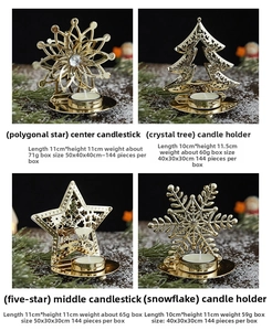 Detailed views of gold hollow metal Christmas candle holders in various festive shapes