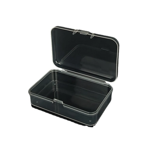 Translucent black plastic storage box with lid for organizing small parts and hardware
