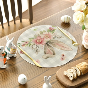 Round Placemat Easter Bunny Ears Pink Floral Pattern Linen Texture Polyester Washable Heat Resistant Dining Table Decor