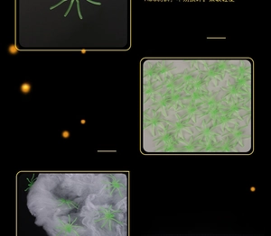 Close-up of green plastic toy spiders on white artificial cobweb for Halloween decor