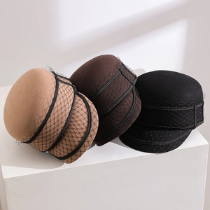 Elegant wool felt newsboy hats with decorative mesh veil in tan, brown, and black colors