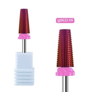 Macro view of 5-in-1 alloy nail drill bit with purple gradient and serrated texture