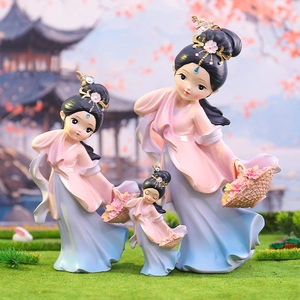Three-piece resin Chinese hanfu figurines set with pink and blue gradient dresses