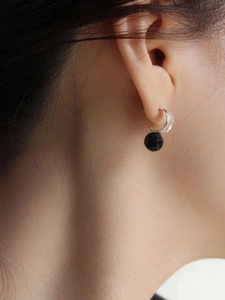 925 Sterling silver double hoop earrings with faceted black bead charms for women