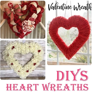 DIY heart-shaped Valentine wreaths featuring red burlap, white foam roses and plush yarn