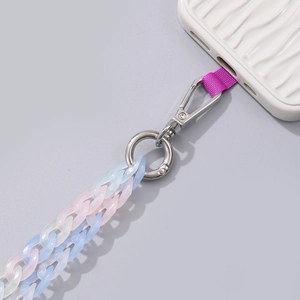 Detail of pink and blue acrylic crossbody chain with lobster clasp for phone cases