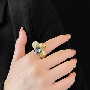 Geometric Open Ring Copper Gold Plated With Cubic Zirconia Square And Pear Shaped Multi Color Stone Retro Luxury Women Jewelry