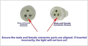 Dettaglio dei connettori maschio e femmina per luci a LED con guida alla polarità corretta