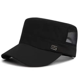 Detail view of black outdoor cadet cap featuring breathable mesh and metal 95 logo
