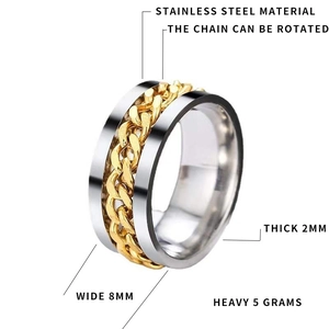 Detailed view of 8mm rotating chain ring in silver and gold stainless steel specifications