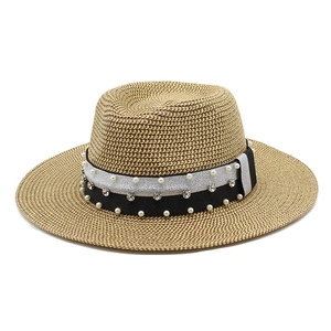 Women Elegant Straw Fedora Hat With Faux Artificial Pearl Rhinestone Band Retro Wide Brim Sunshade Summer Beach Travel Breathable
