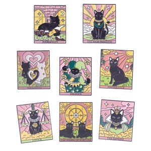 Set of 8 creative black cat tarot card enamel pins with gothic metal finish