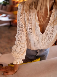 Hollow Crochet Lace Blouse V Neck Long Sleeve Ruffle Cuff Solid Color Retro Bohemian Elegant Casual Top For Women
