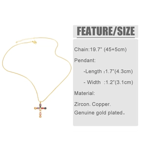 Detail view of colorful zircon cross pendant necklace with sizing and material specs