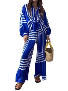 Blue and white striped two-piece set featuring long sleeve shirt and pleated wide leg pants