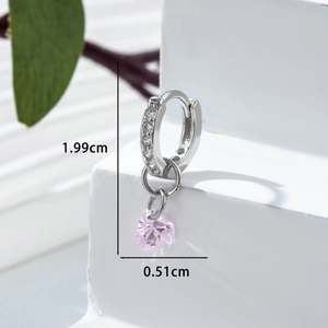 Silver hoop earrings with pink heart zircon pendant and clear micro-inlaid stones