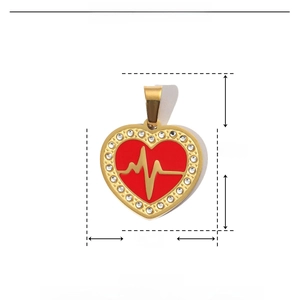 Detail of red enamel heart pendant with golden heartbeat line and rhinestones, 21x27mm size