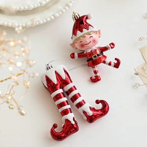Red and white glittery Christmas elf hanging ornaments set for festive tree decoration