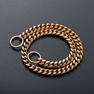 Detail view of 10mm rose gold stainless steel Cuban link dog collar chain on black background