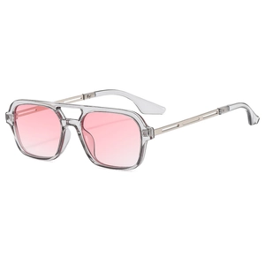 Modern double bridge square sunglasses with pink gradient lenses and clear silver frame