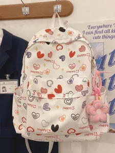 White canvas backpack with cute heart print and floral pendant in Japanese style