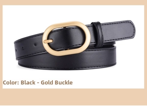 Detail of black PU leather belt with oval gold buckle and smooth textured finish