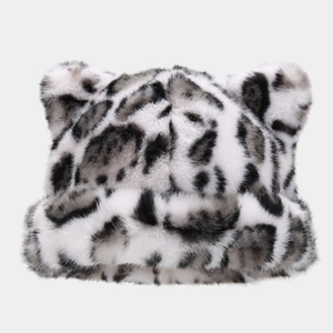 Detailed view of plush leopard print cat ears on a soft faux fur winter hat