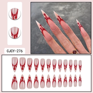Long stiletto fake nails with red blood drip design for Halloween costume parties